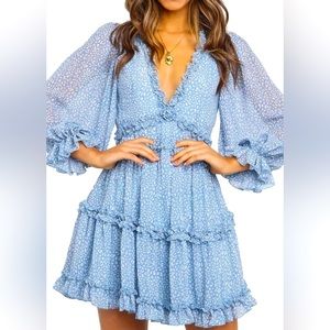 Dokotoo 2023 Fall Spring Deep V Neck Ruffle Long Sleeve Floral Print Mini Dress